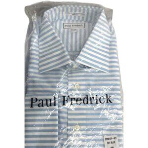 Paul Fredrick Men's 17.5 34 Sky Blue & White Striped Button-Down Dress Shirt New
